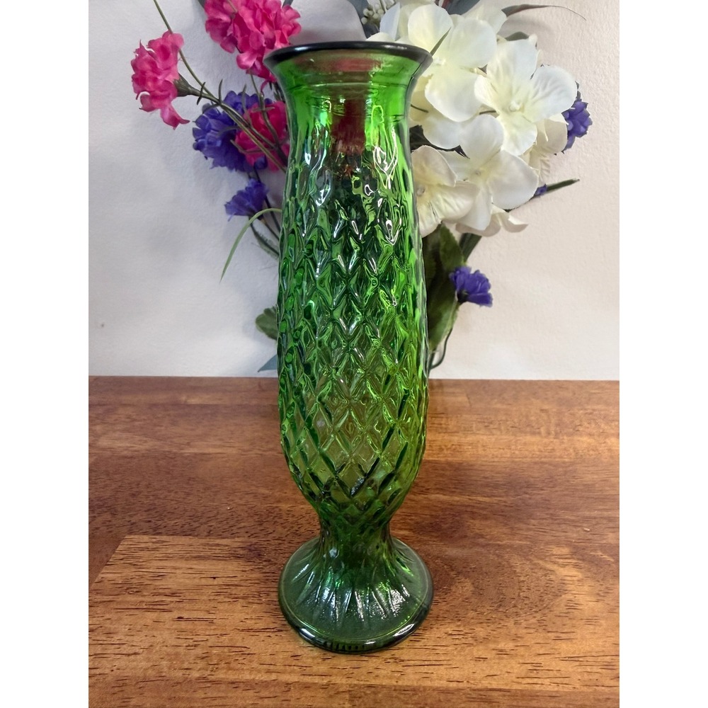 Vintage E O Brody Green Glass Bud Vase Diamond Pattern Pedestal Footed
